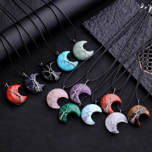 Tree of Life crescent moon necklaces with natural gemstones and wire wrap design