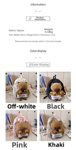 Detailed chart showing backpack dimensions, weights, and four color options