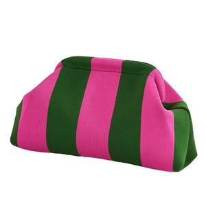 Pink and dark green striped knitted cloud clutch bag with textured woven fabric