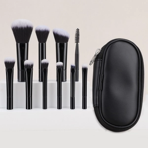 Portable 10-piece mini makeup brush set with black oval zipper storage pouch