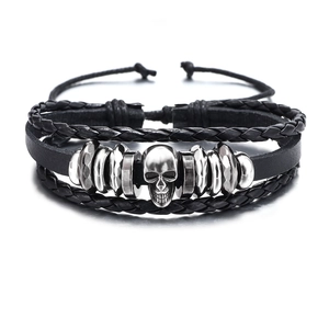 Men's retro punk leather bracelet featuring a silver skull and multilayer braided design