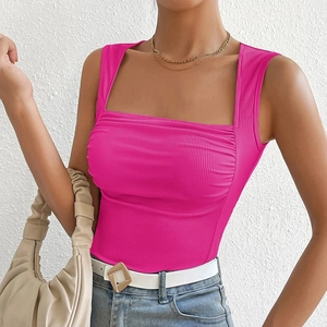 Close-up of rose pink ribbed knit tank top with square neck and slim fit texture