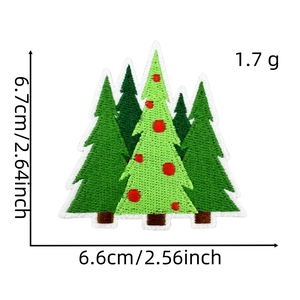 Detailed view of green Christmas tree embroidery patch with size markers and red dots