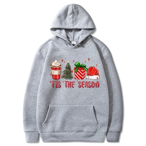 Gray Christmas themed hoodie with 'TIS THE SEASON holiday prints and drawstring hood