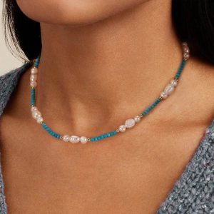 Baroque freshwater pearl and turquoise beaded necklace with golden metal spacers