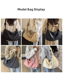 Detail showing large quilted canvas tote bags in five colors with decorative knot straps