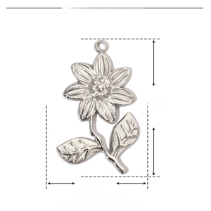 Detailed size chart for stainless steel flower pendant showing 24mm height and 15mm width