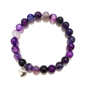 Handmade beaded bracelet with purple amethyst, black obsidian and silver heart charm