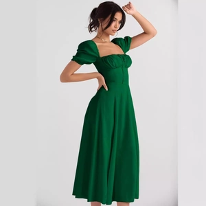 Deep green floral puff sleeve dress with a square neck and side slit for a stylish summer look