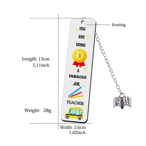 Polished stainless steel teacher bookmark with colored illustrations and a book pendant