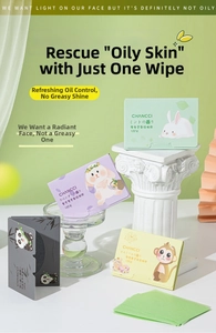 Macro display of assorted 100-sheet facial oil blotting paper boxes on display stands