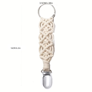 Detail view of a 16cm cream woven hat clip with dimensions and silver metal hardware