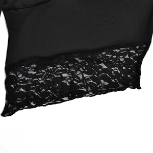 Detailed view of black slim fit top showing smooth fabric and delicate lace hem stitching