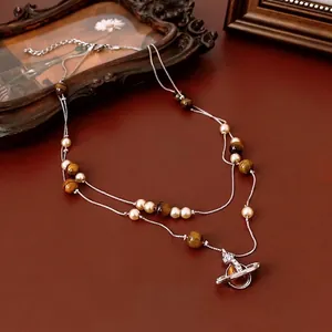 Retro Double Layer Beaded Necklace With Tiger Eye Stone Faux Artificial Pearl Rhinestone Planet Orb Pendant Jewelry For Women