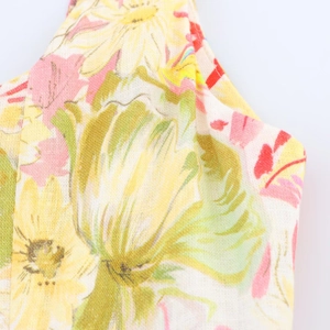 Close-up of floral print fabric showing woven texture in yellow pink and green colors