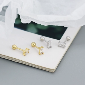 Close-up of S925 sterling silver rectangular zircon stud earrings with screw backs