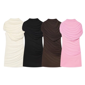 Slim fit sleeveless mesh dress with high neck and side ruching in multiple colors