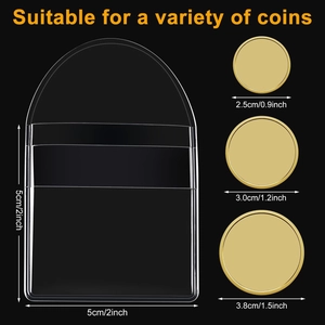 Clear PVC coin sleeves with 5x5cm dimensions showing various size coin compatibility