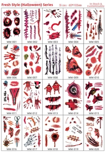 Detailed catalog of 20 Halloween temporary tattoo designs featuring realistic scars and wounds