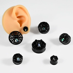Black stainless steel spider web ear gauge tunnels with iridescent shell inlay