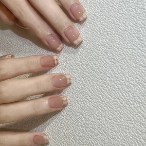 French Gradient Blush Press On Nails Checkered Pattern Short Square Round False Nails Glossy Sweet Minimalist For Women