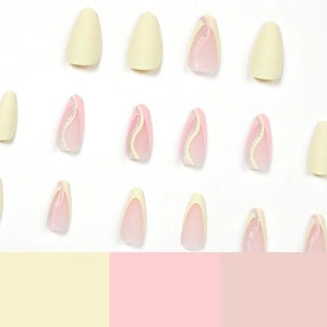 French press-on nails with yellow pink waves and silver glitter in long almond shape