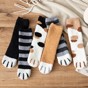 Thick coral fleece cat paw socks for women in various cute patterns for winter warmth