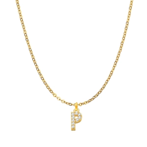 Detailed macro view of a gold-tone necklace featuring a dainty chain and a sparkling letter P pendant