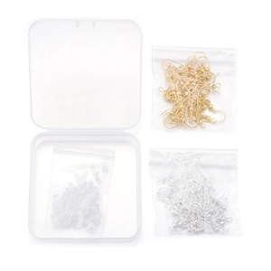 DIY jewelry making kit with silver and gold earring hooks and silicone backs in a plastic box