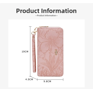 Pink long zip-around floral wallet with gold bear detail and wrist strap dimensions
