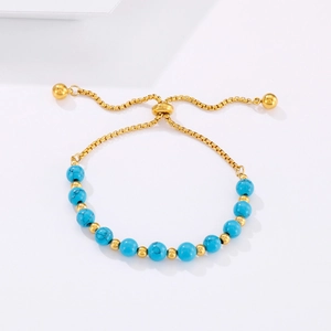 Bracelet ajustable en acier inoxydable doré avec perles de turquoise bleue