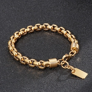 Macro view of gold stainless steel chunky box chain bracelet with smooth square metal tag