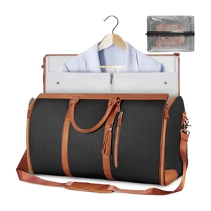 Foldable garment travel bag showing interior suit hanging space and exterior carry-on mode