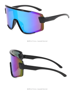 Dual view of outdoor sports sunglasses with colorful gradient lenses and black frame