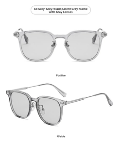 Detailed views of transparent grey square frame sunglasses with light grey lenses