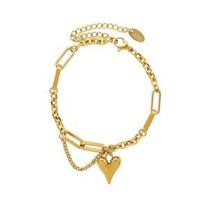 Minimalist 18K gold plated heart charm bracelet with mixed paperclip and link chain