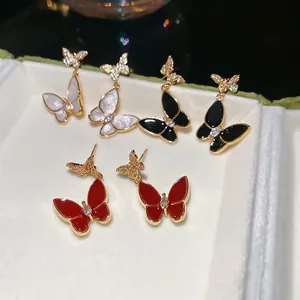Butterfly Dangle Earrings Copper With Zircon Enamel And Silver Earring Post French Elegant Style Jewelry For Women