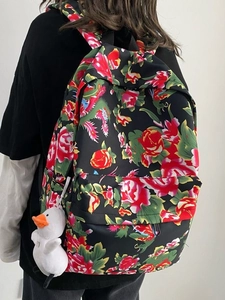 Traditional Chinese Floral Print Backpack Nylon Waterproof Large Capacity Travel Rucksack Ethnic Style With Plush Duck Pendant