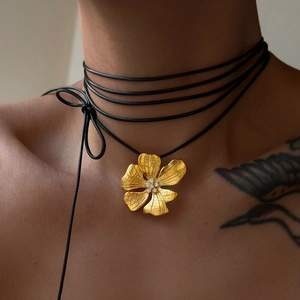 18k gold plated titanium flower pendant choker with black leather cord for women