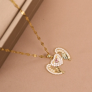 Elegant gold titanium steel necklace with heart-shaped pink zircon and angel wing pendant