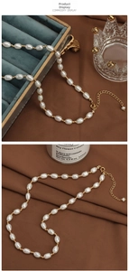 Detail of white rice-shaped freshwater pearl necklace with gold metal spacers and lobster clasp