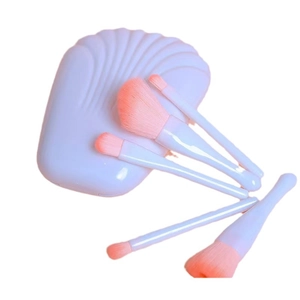 5-piece makeup brush set with shell case featuring blue handles and pink bristles
