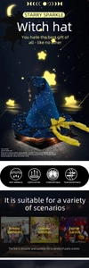 Detail of blue velvet witch hat with gold stars, ribbon bow and starry ornaments