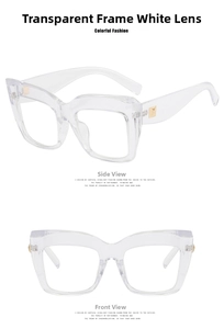 Detail view of transparent cat eye glasses frames with gold metallic side accents