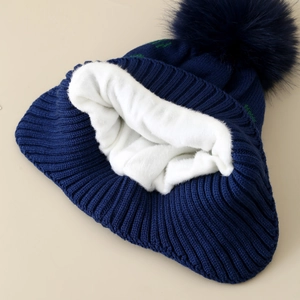 Winter knit dinosaur beanie for boys with warm fleece lining and large pompom
