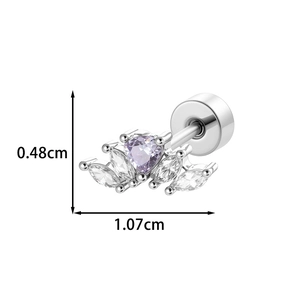 Surgical steel heart labret with purple marquise zircon stones measuring 1.07cm by 0.48cm