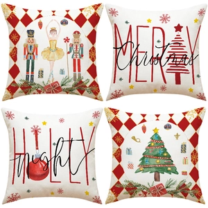 Christmas Pillow Covers Linen Nutcracker Ballerina Tree Pattern Decorative Cushion Case For Sofa Home Decor