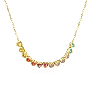 Luxurious gold necklace with a rainbow arc of thirteen colorful heart-shaped cubic zirconia