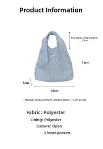 Detail view of light blue sequin tote bag showing polyester fabric and 40x31x8cm dimensions