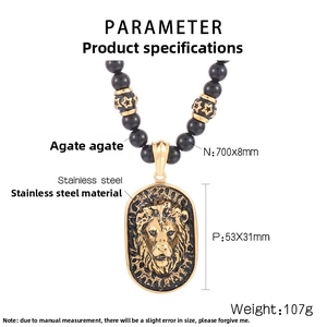 Detailed specs of lion head pendant with black agate beads and stainless steel measurements